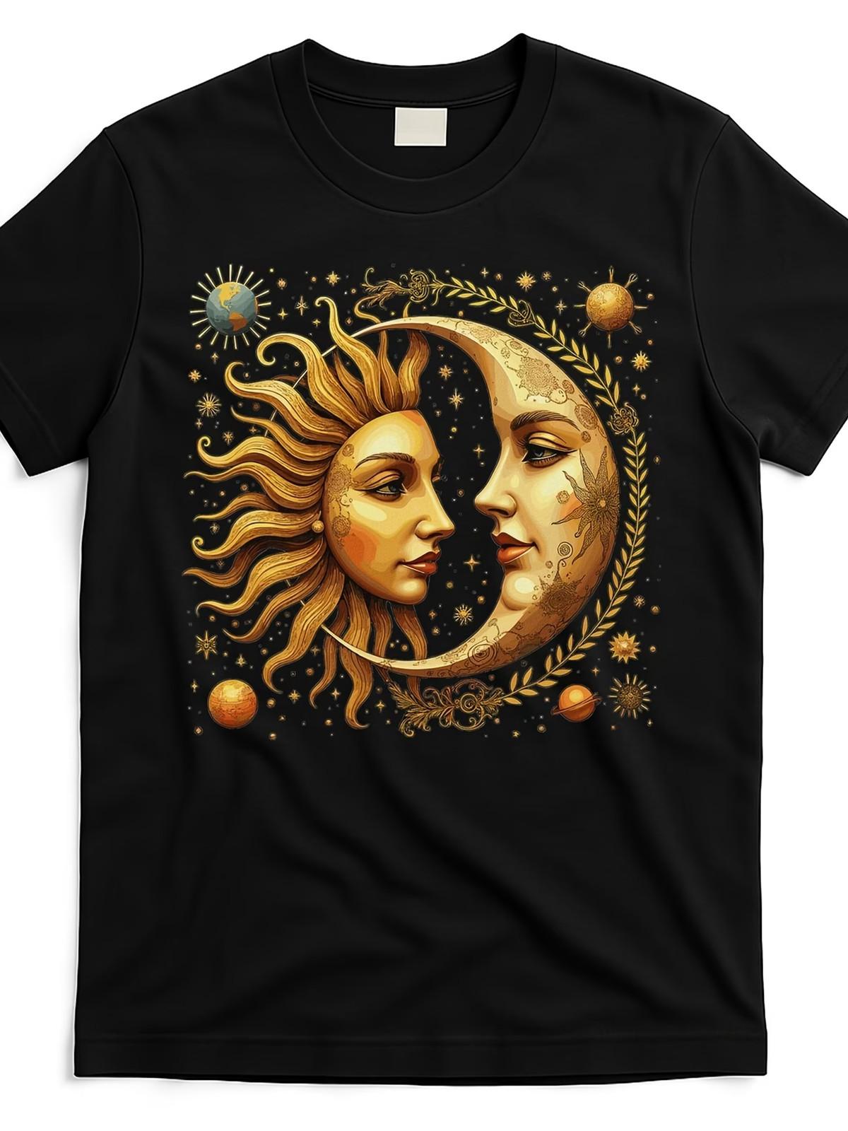 [Everyday Comfort] Vintage-Inspired Celestial Moon and Sun Graphic Tee - Cotton, XL