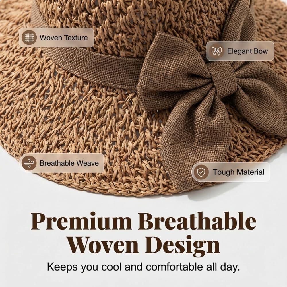 Elegant Woven Straw Sun Hat with Bow, 2026 Upgraded Womens Straw Hat, Summer Beach Sun Straw Hats, Breathable