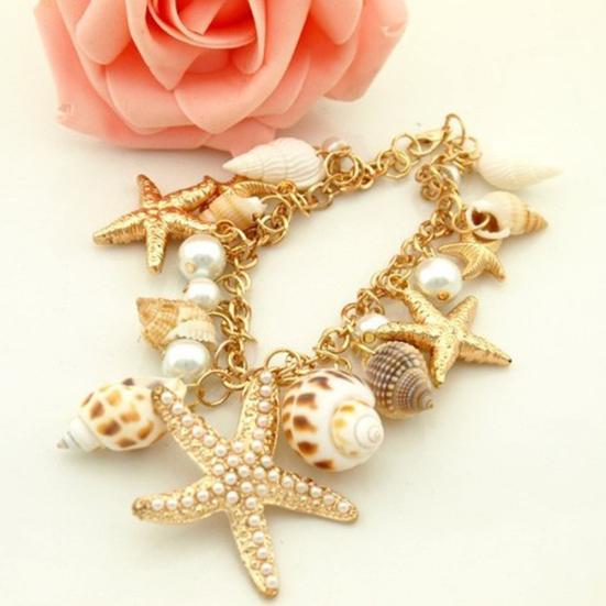 Damen Meeresmuschel Seestern Kunstperlen Anhänger Armband Armreif Schmuck Geschenk