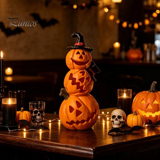 LED Pumpkin Light Halloween Spooky Lighted Figurine, Up Stacking Statue with Warm Decor Witch Hat for Home, Office, Haunt House, Indoor Outdoor Table