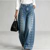 Womens High Waist Straight Leg Jeans Washed Side Button Loose Wide Trousers Streetwear