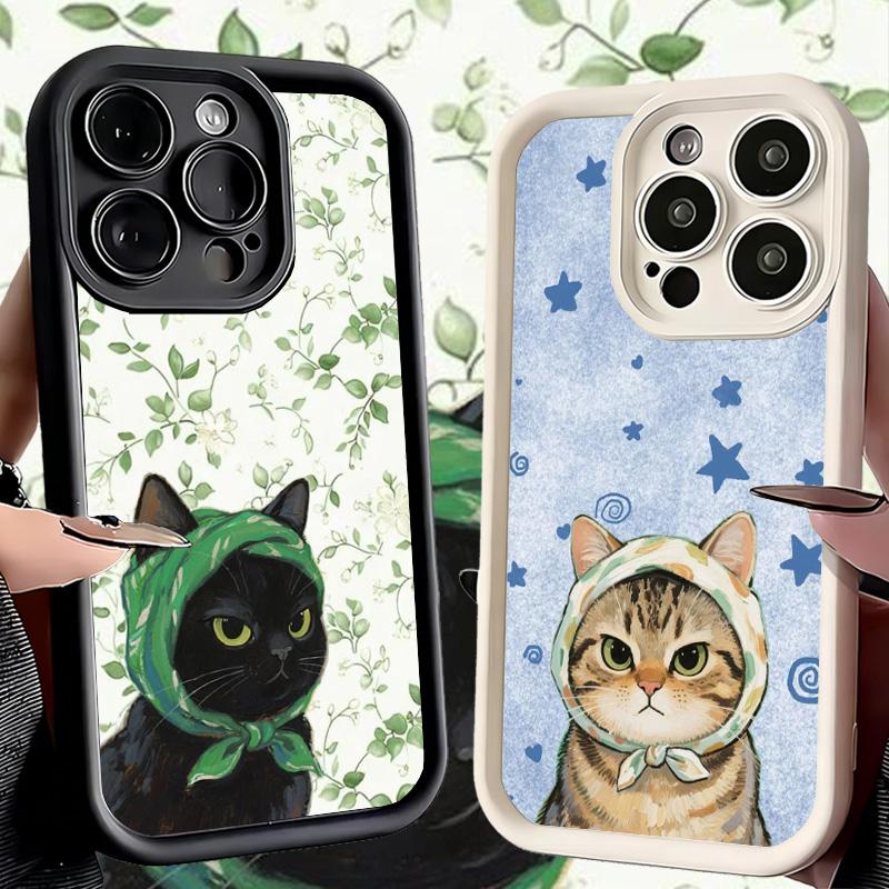 Phone Case for iPhone 17 Air 16E 15 16 Pro Max Cute Floral Headscarf Kitten Cover 14 Plus 13 12 Mini Soft Shell Silicone Fundas