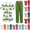 Women's Uniform Set with Short Sleeve Christmas Print Top and Pants, Two Piece Caregiver with Pockets