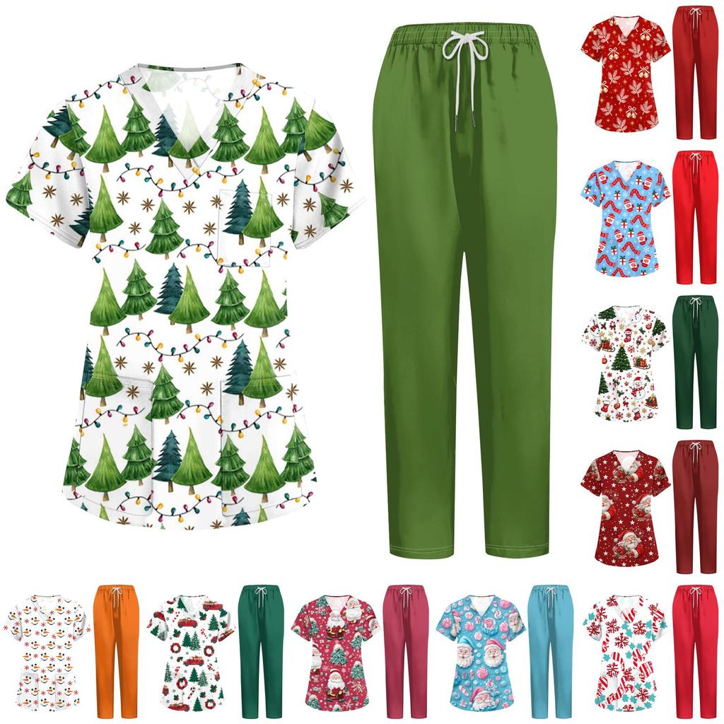 Women's Uniform Set with Short Sleeve Christmas Print Top and Pants, Two Piece Caregiver with Pockets