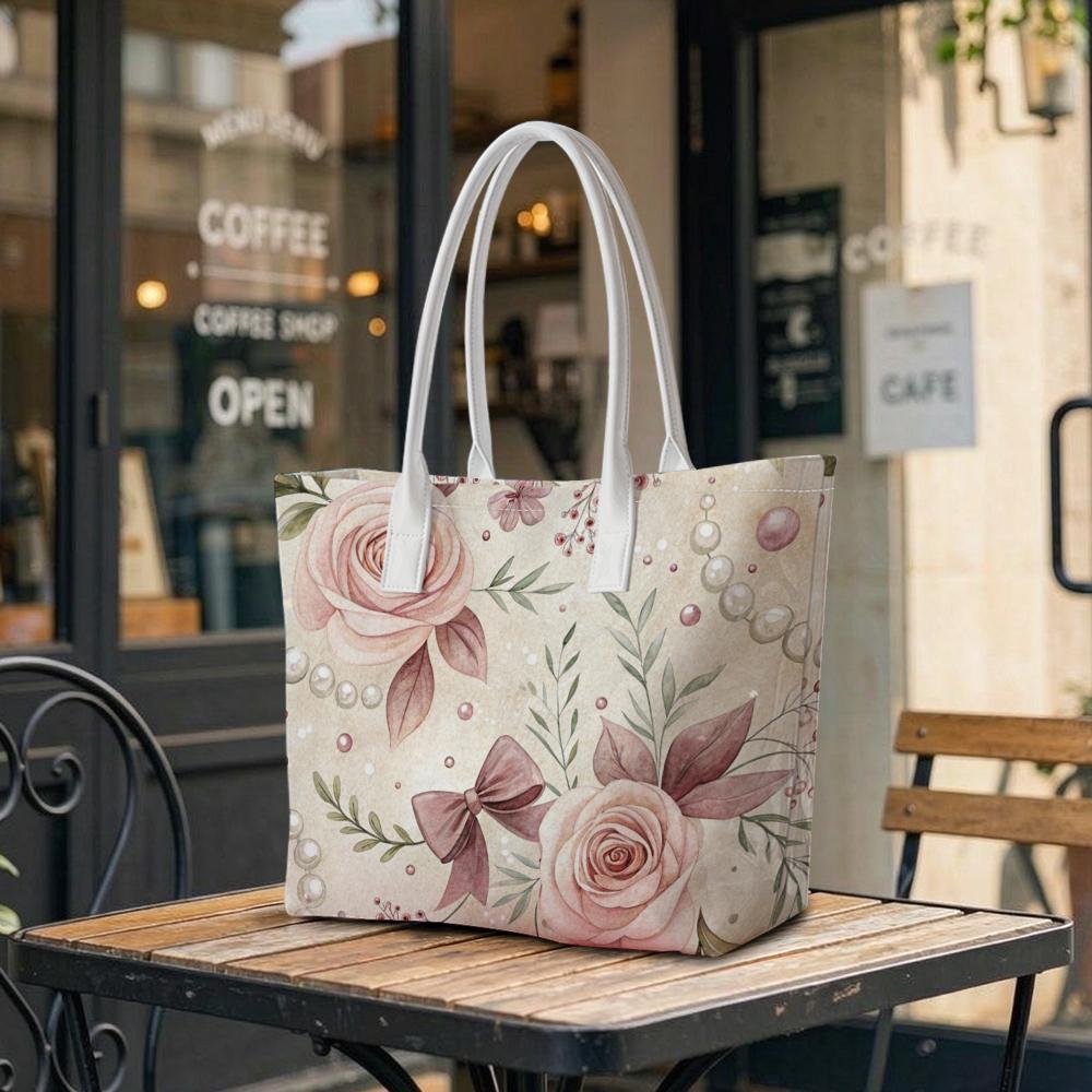 Elegant Rose Pattern Casual Tote Bag For Women Daily Use Large Capacity Shoulder Handbag Perfect For Shopping Outing Commute