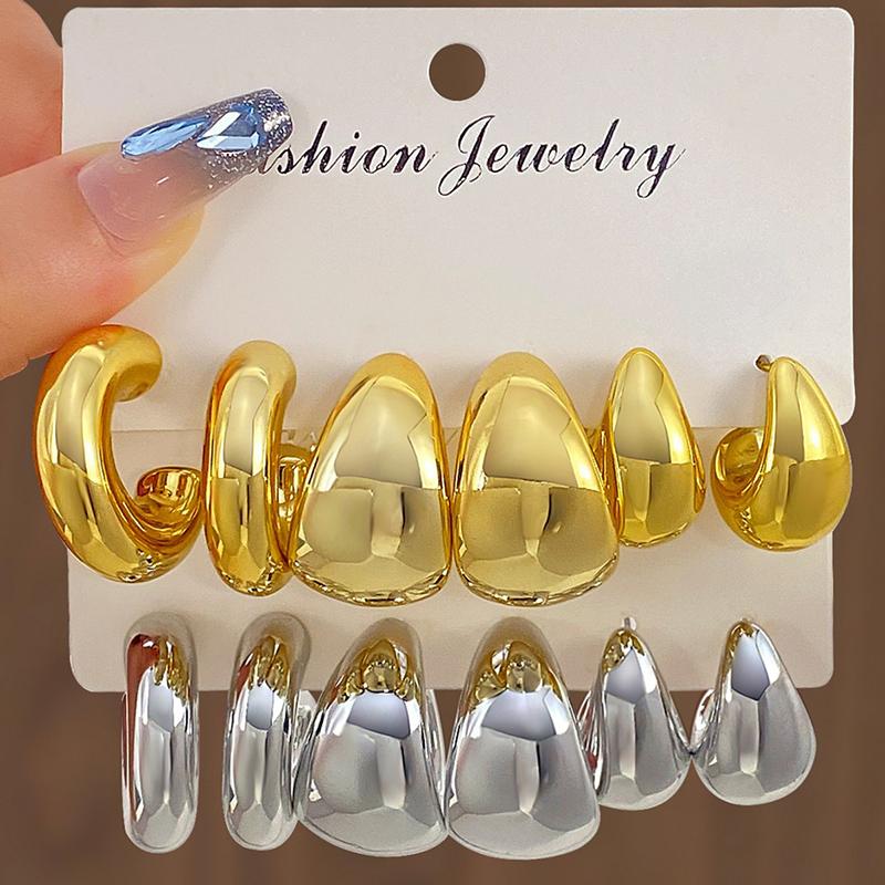 6Pcs Vintage Smooth Water Drop C-Earrings Set for Women Geometric Gold Color Circle Hoop Earring Zircon Ear Studs Jewelry Gifts