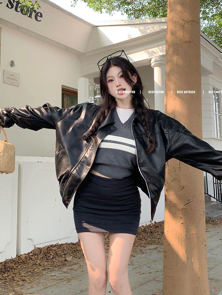 Women's High-End Retro PU Leather Coffee Jacket - Slimming, Windproof, Long Sleeve, Motorcycle Style.