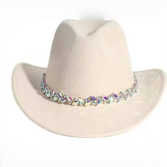 White felt western cowboy hat, sun hat, summer new hat, rhinestone women's top hat, British hat