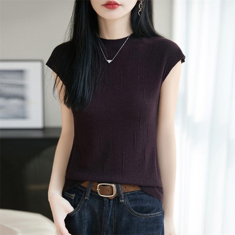 Women's Slim Fit Knit Round Neck Vest – 60 Count Fine Spun Wool Blend, Short Sleeve, Lightweight Summer Layer