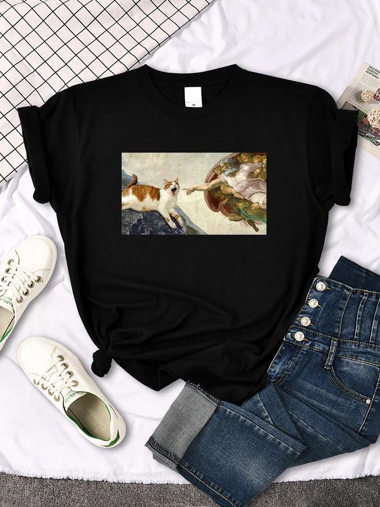 Mona Lisa T Shirts Funny Cat Lovely Cute Printed TShirt for WomenS Crewneck Gothic Women Tshirt Casual Female Tee Shirts