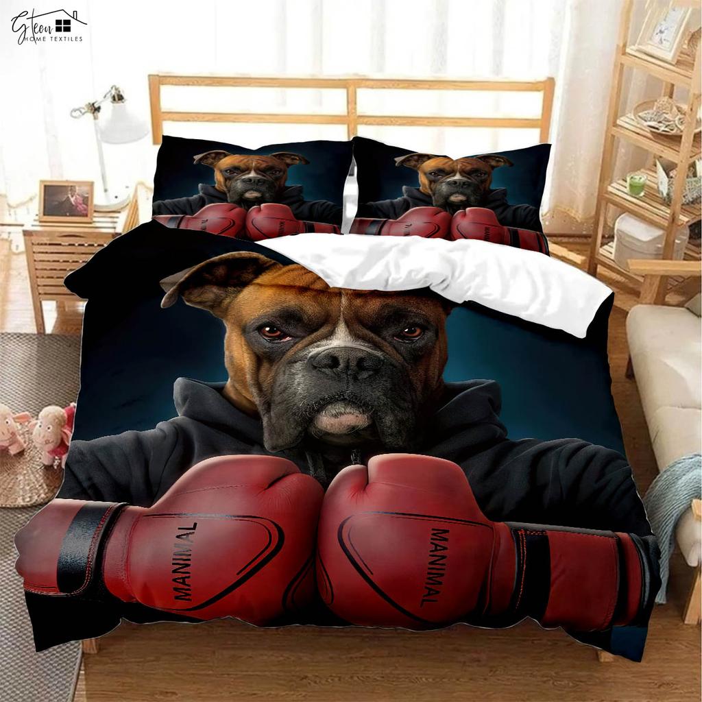 Funny Cartoon Dog Print Quilt Cover Kids Gift 100% Polyester Bedding Set Pillowcase Quilt Cover Three-Piece Set Machine Washable