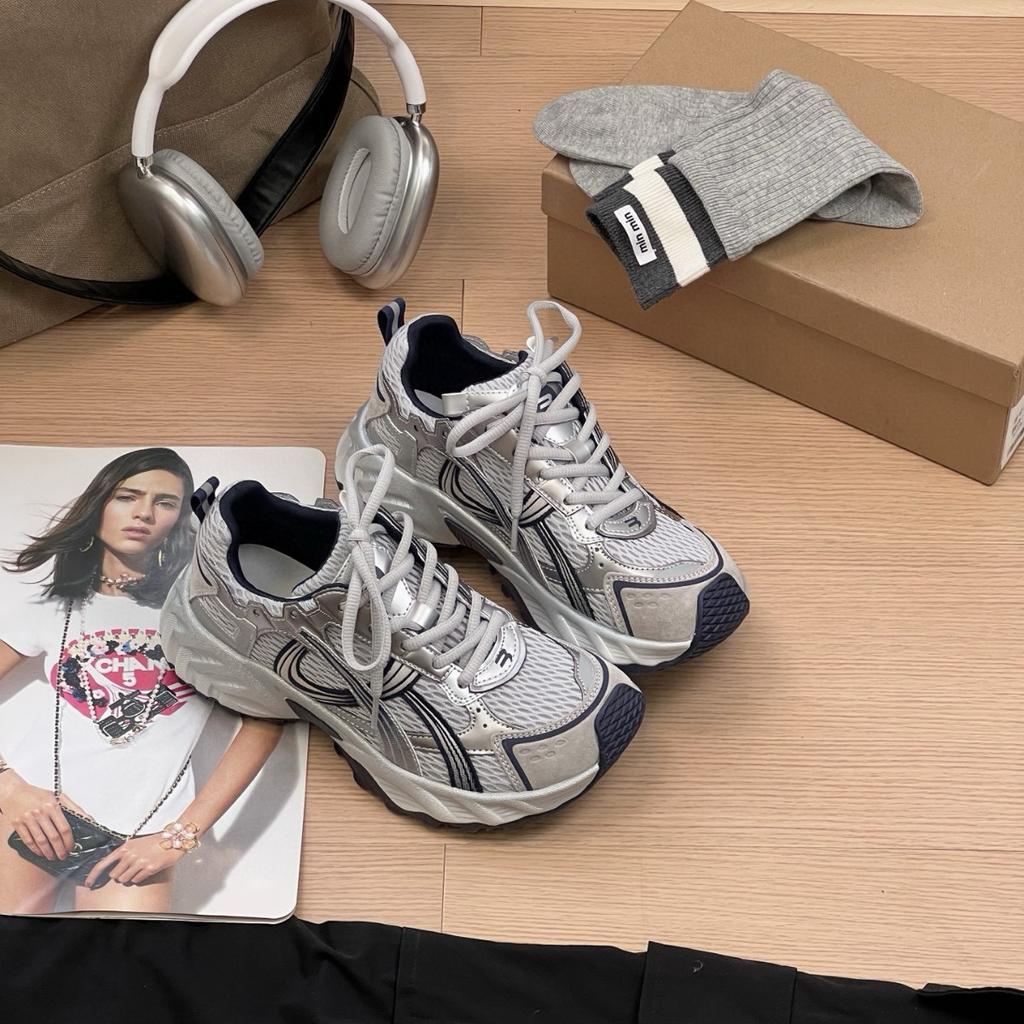 Leather breathable mesh dad shoes women's 2025 summer new thick-soled heightening versatile thin casual jogging sneakers