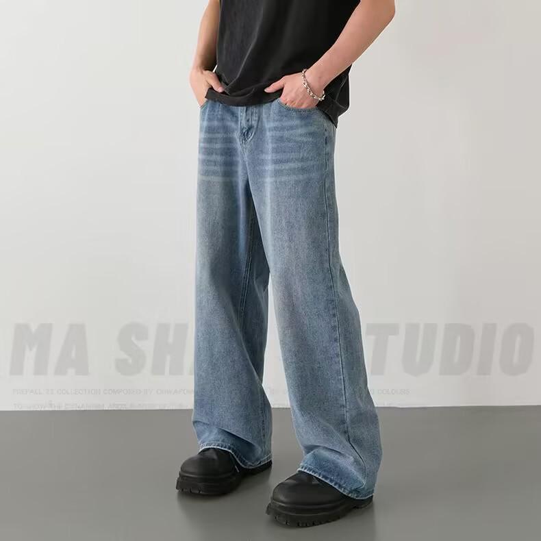 Unisex Retro Washed Blue Wide-Leg Distressed Jeans - Spring/Autumn Casual Style 3XL
