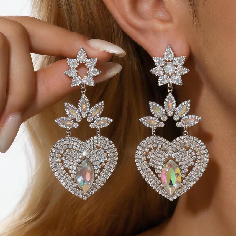 Silver Needle Rhinestone Flower Heart Earrings: Elegant, Statement Accessories for Women