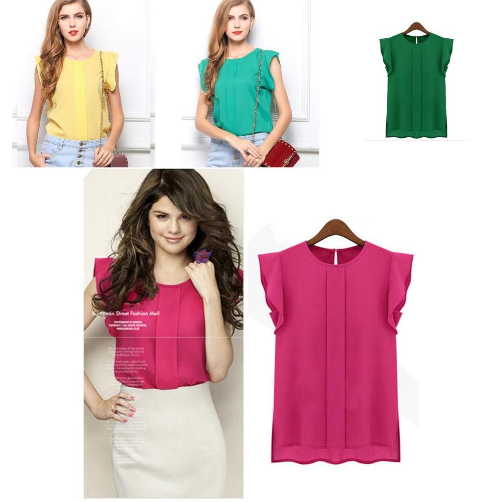 Elegant Womens Sleeveless Chiffon Tops With Timeless Design In Blue Green Red
