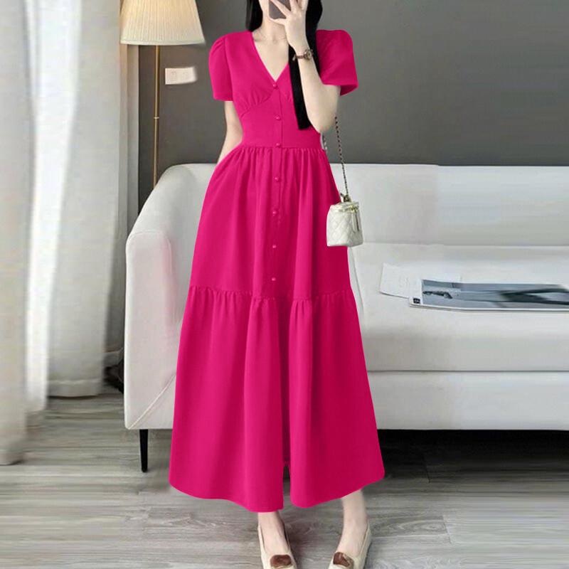 

ZANZEA Женское летнее повседневное длинное платье с V-образным вырезом и коротким рукавом 5XL темно-розовый