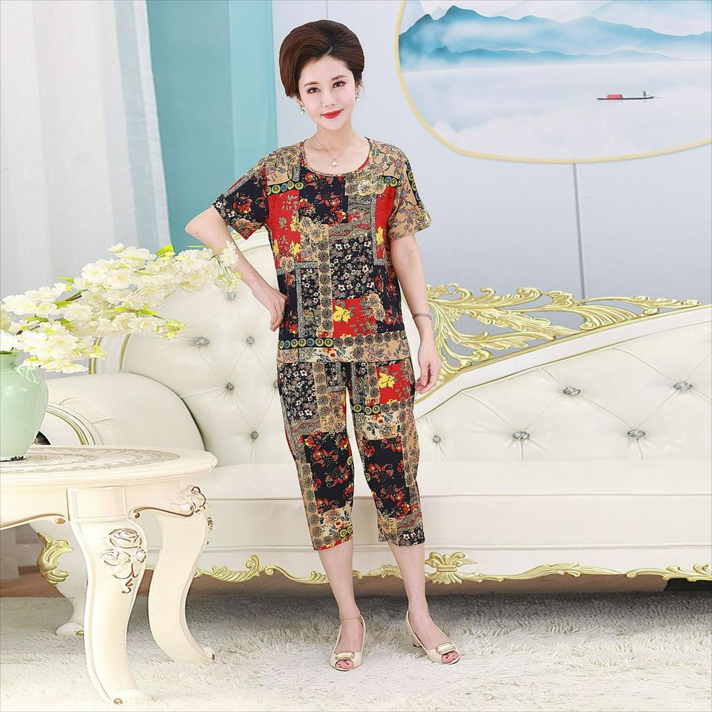 Women's Summer Suits, Casual Plus Size Artificial Cotton Short-sleeved Middle-aged Mother Pajamas, Homewear