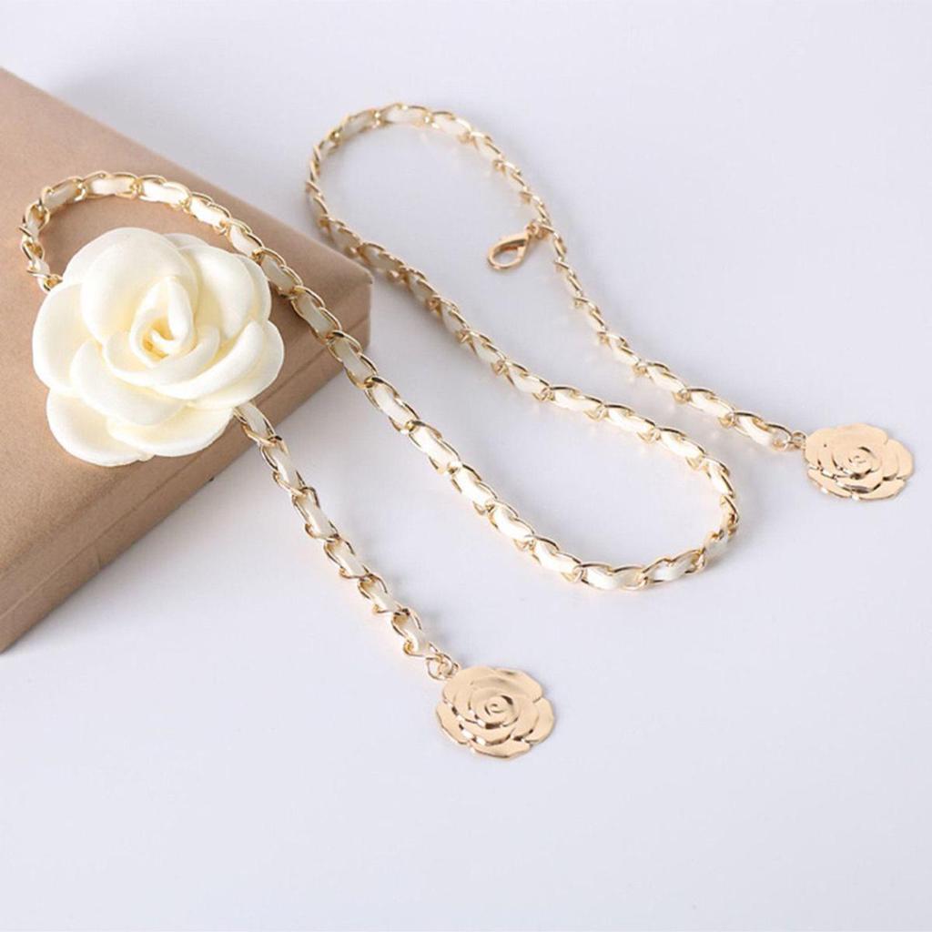 Korean Fashion Black & White Camellia Pearl Waist Chain Belt for Women