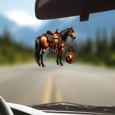 Realistischer Pferde Auto Anhänger 2D Acryl Western Cowboy Pferd Auto Charme Schlüsselanhänger Rückspiegel Dekoration Geschenk für Reitsportliebhaber
