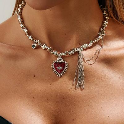 Salircon Gothic Love Heart Pendant Choker Necklace Women Trendy Irregular Geometric CCB Beaded Metal Tassel Chain Party Jewelry