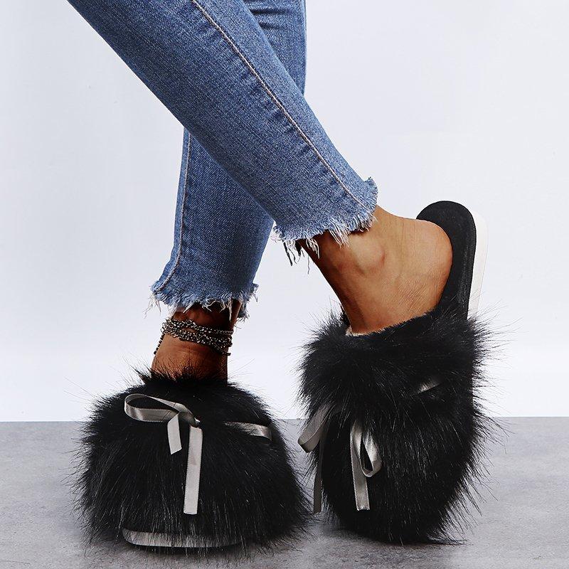 Sweet Bowknot Mix Color Faux Fur Slides Women 2025 Autumn Warm Short Plush Outdoor Slippers Soft Sole Cotton Mules Slippers