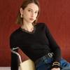 Sancai Damen Slim Fit Strickpullover mit Spitzenbesatz und V-Ausschnitt