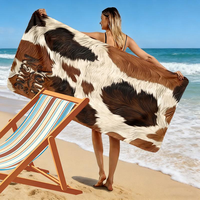 Name Custom Cow Leopard Pattern Print Beach Towel, Large Soft Quick Dry Towel for Beach Camping Swimming