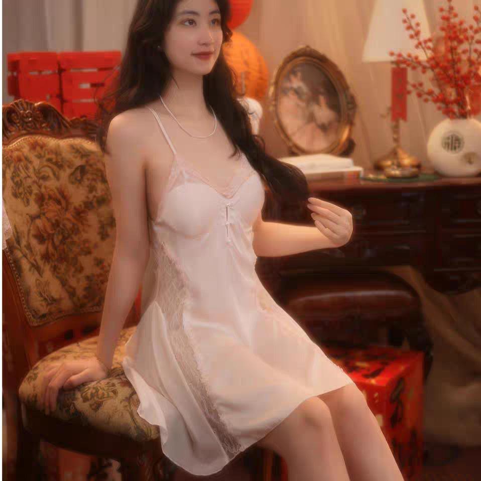 Sexy Pajamas Women's Summer Ice Silk Pajamas with Chest Pads, New Lace Suspender Nightgowns, Two-piece Silk Loungewear