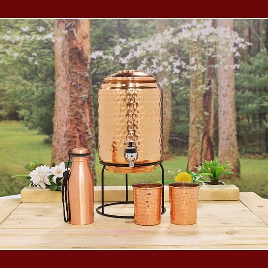 Dispenser d'Acqua in Rame con Rubinetto e Supporto, 2 Bicchieri in Rame e 1 Borraccia in Rame da 300 ML in Omaggio