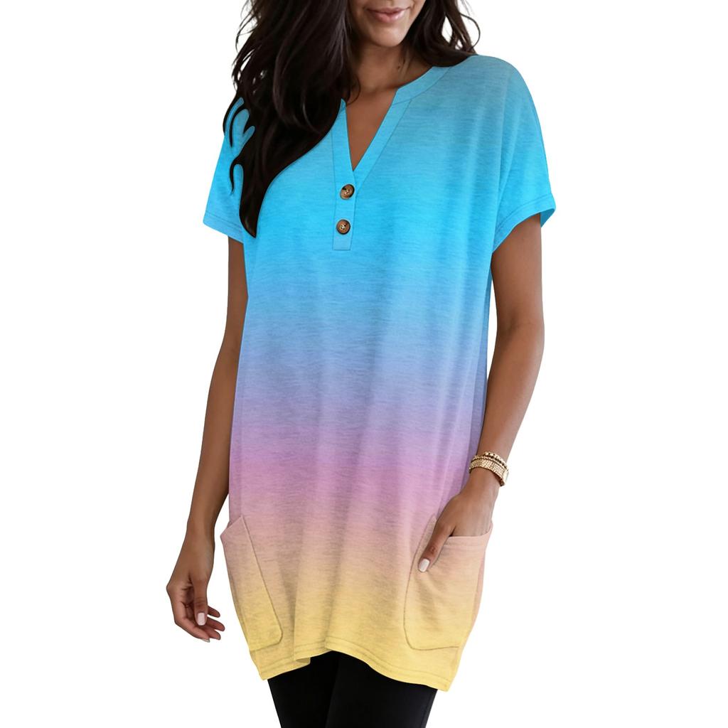 Women's V-Neck Gradient Print Short Sleeve Blouse with Pocket - Casual Pullover Top for Everyday Wear