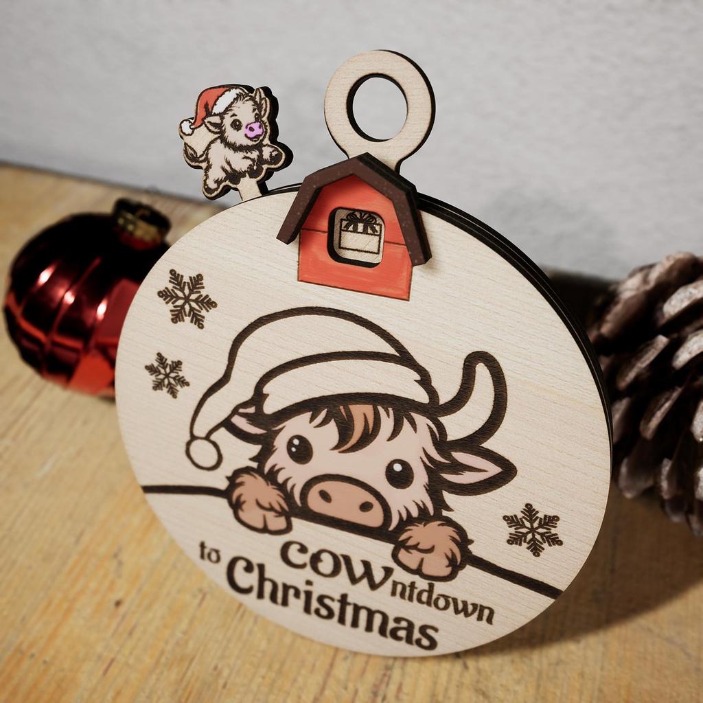 Cow-Themed Christmas Countdown Sign Cartoon Wooden Holiday Countdown Decor