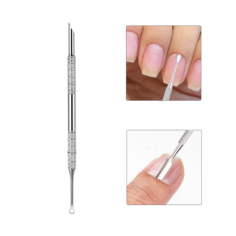 מסיר קוטיקולה מפלדת אל-חלד דו-ראשי, דוחף ציפורניים, כלי הכנה פילינג, מנקה עור מת, קצה מוטה, עט מניקור