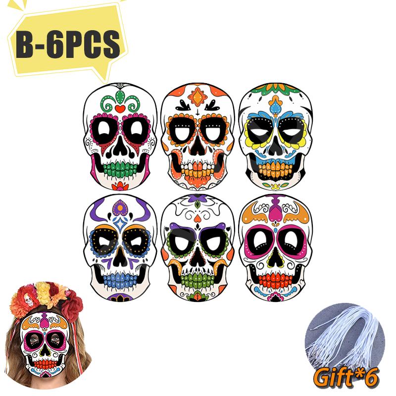 6-60PCS Halloween Colorful Skull Masks Mexican Day of The Dead Paper Mask Set for Party Masquerade Theme Decor DIY
