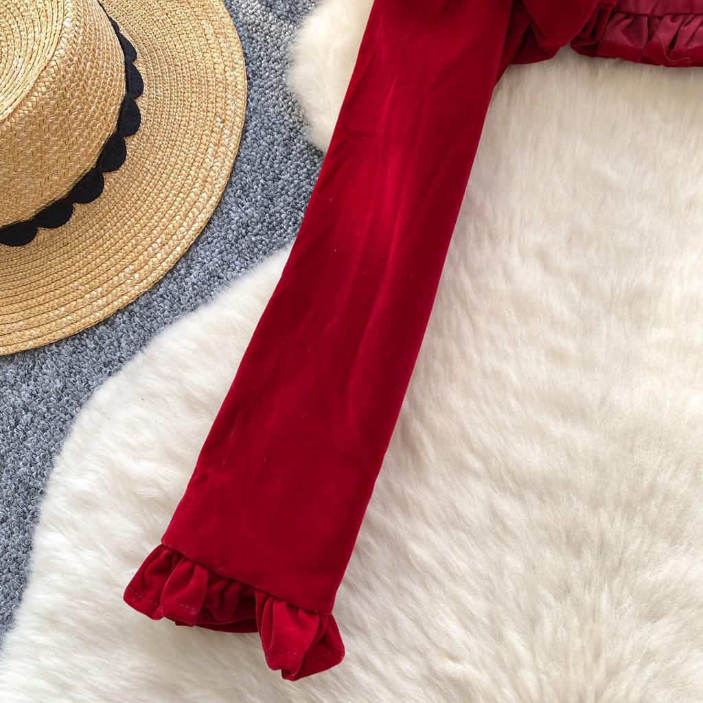 Red Sweet New Year Two Piece Set Women French Puff Sleeve Bow Short Coat + Velvet Suspender Bud Dress Suit Japanese Kawaii Ruched Design Sets