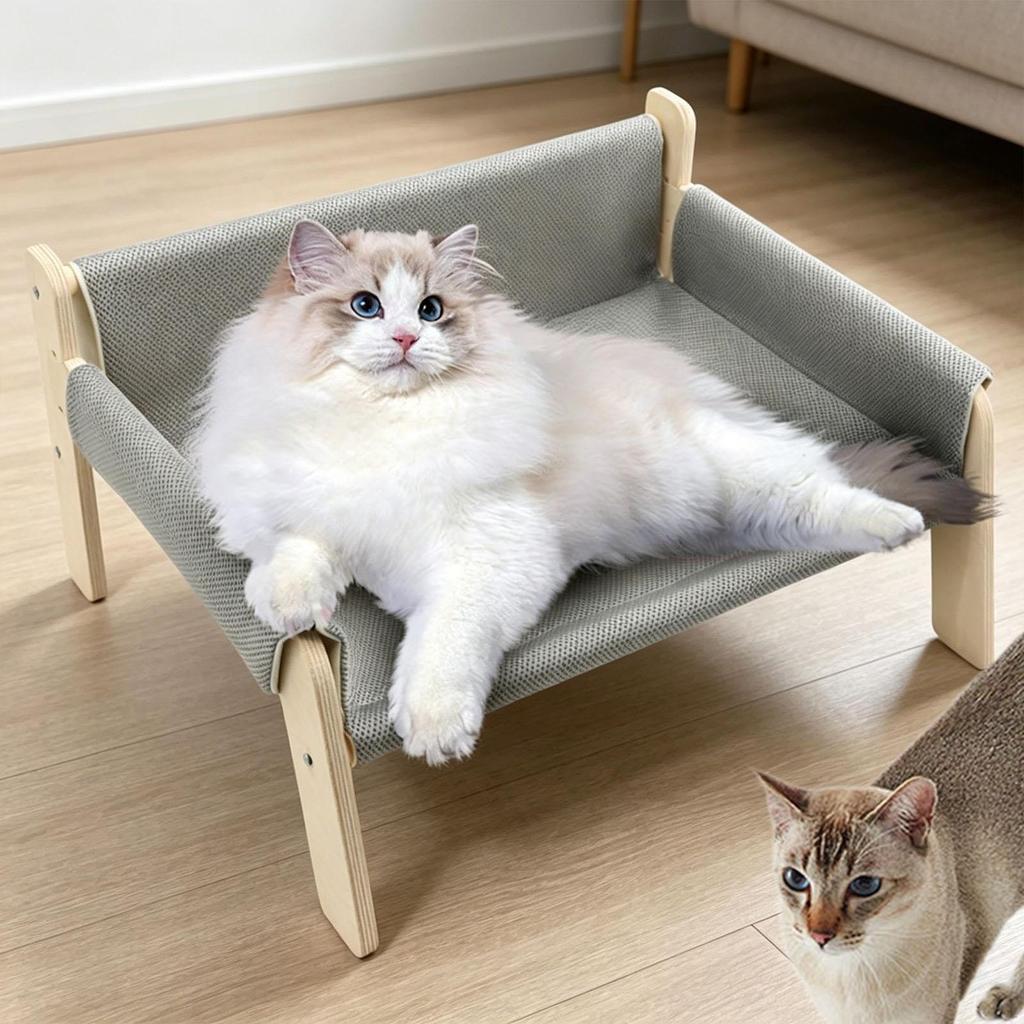 Cat Bed Elevated Hammock Pet Scratcher Wooden Frame Lounger with Soft Cloth Removable Cover Suitable