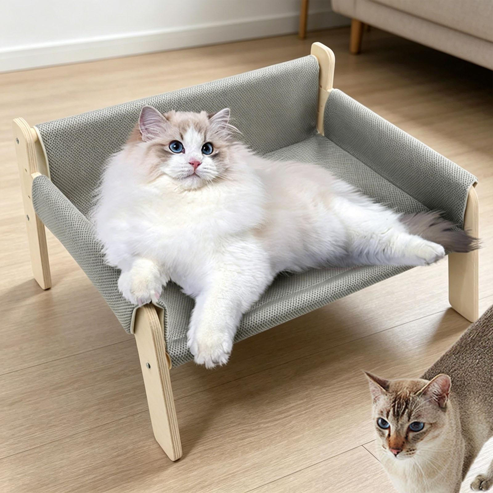 

Cat Bed Elevated Hammock Pet Scratcher Wooden Frame Lounger with Soft Cloth Removable Cover Suitable серый