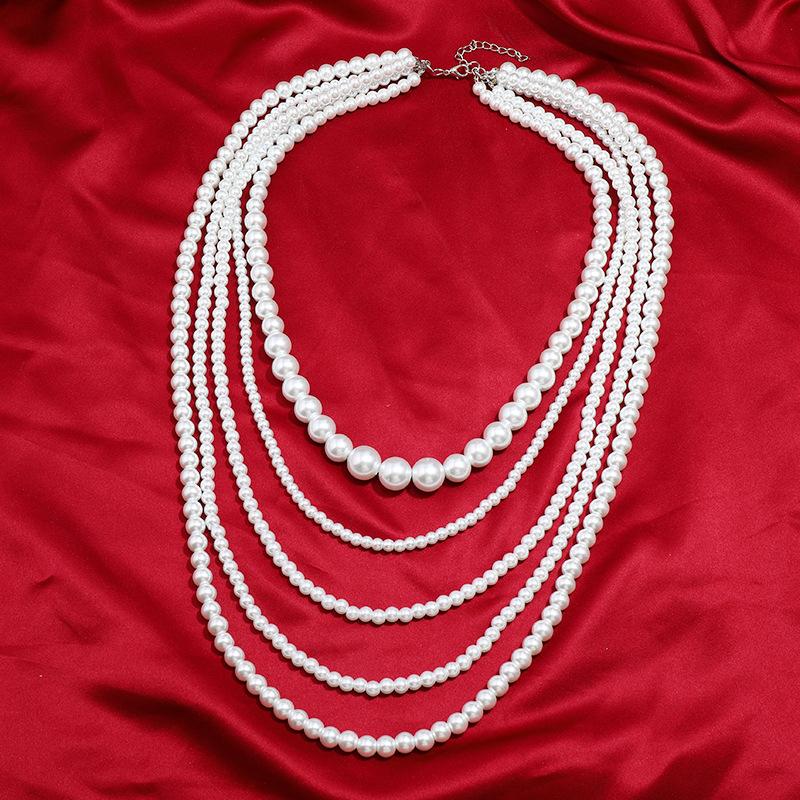 Exaggerated Multi-layer Pearl Necklace Women's Fashion Neck Chain Stacked Wearing Retro Niche High-end Sweater Chain with Accessories