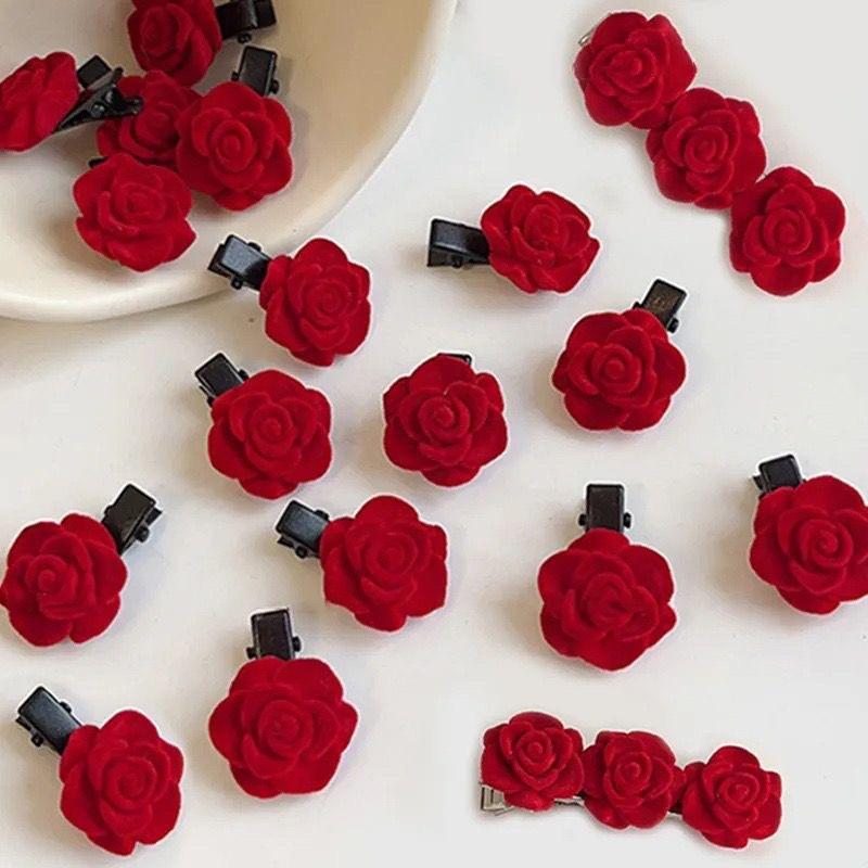 Red Velvet Rose Single Flower Hairpin for Women