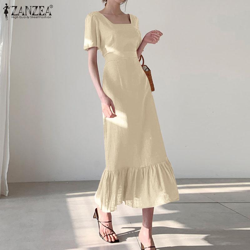 

ZANZEA Женщины Элегент с короткими рукавами Квадратный воротник Взъерошенный подол Тонкие платья