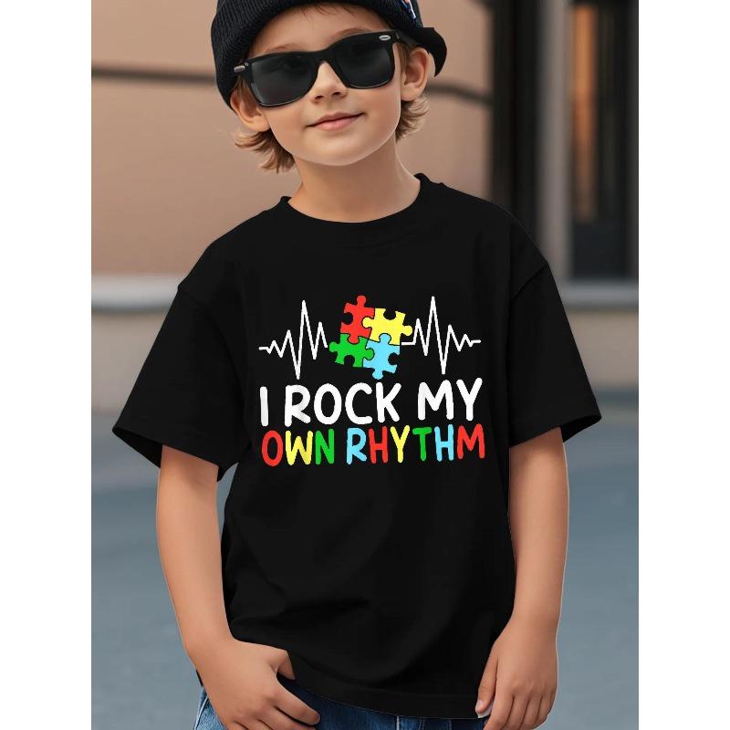 

European sizes A Sensory-Friendly T-Shirt for Boys Featuring a Puzzle And Musical Notes Design - a Soft, Casual Summer Top Suitable for Children 98cm чёрный