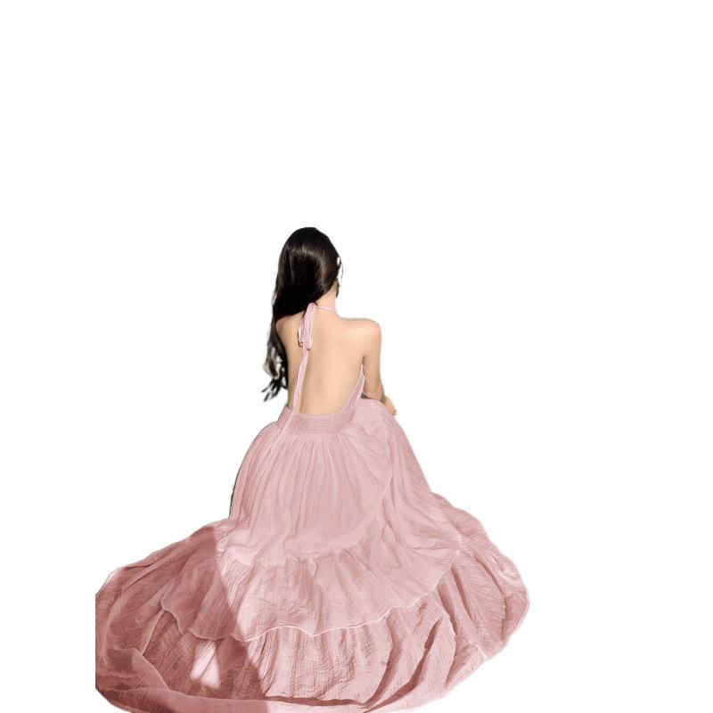 Holiday atmosphere dress women's pleated deep neck long dress pure desire wind sexy big backless lace dress