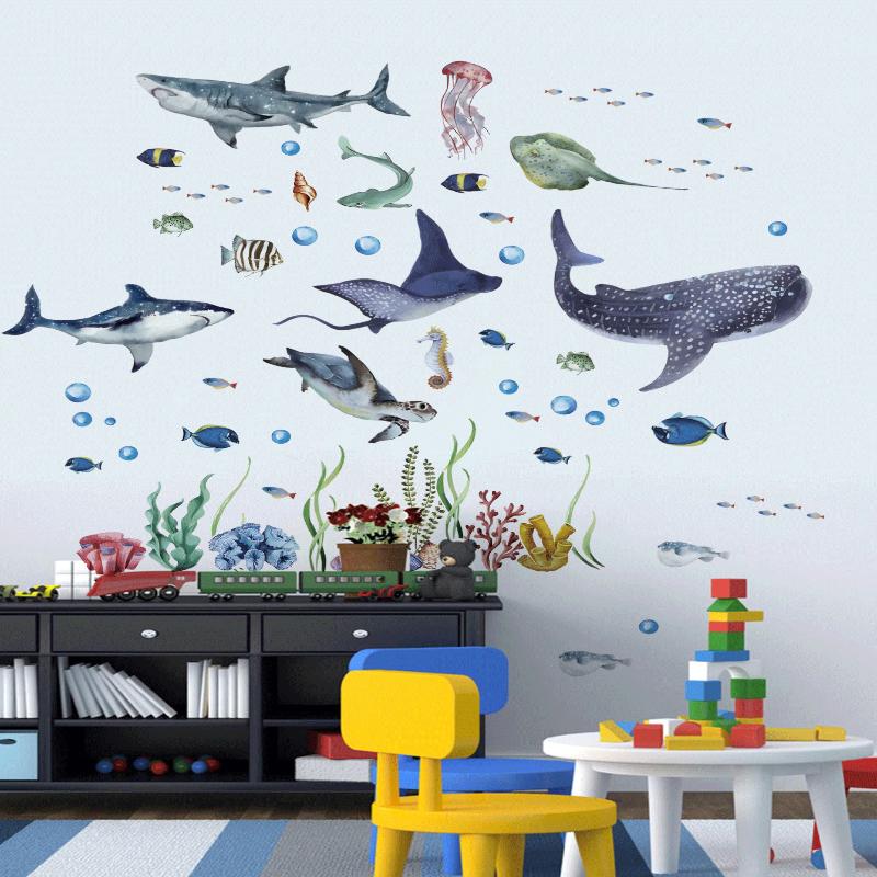 Watercolor Sharks Ocean Wall Stickers Ocean Animal Fish Marine Life Wall Sticker Baby Nursery Kids Room Play Room Decor