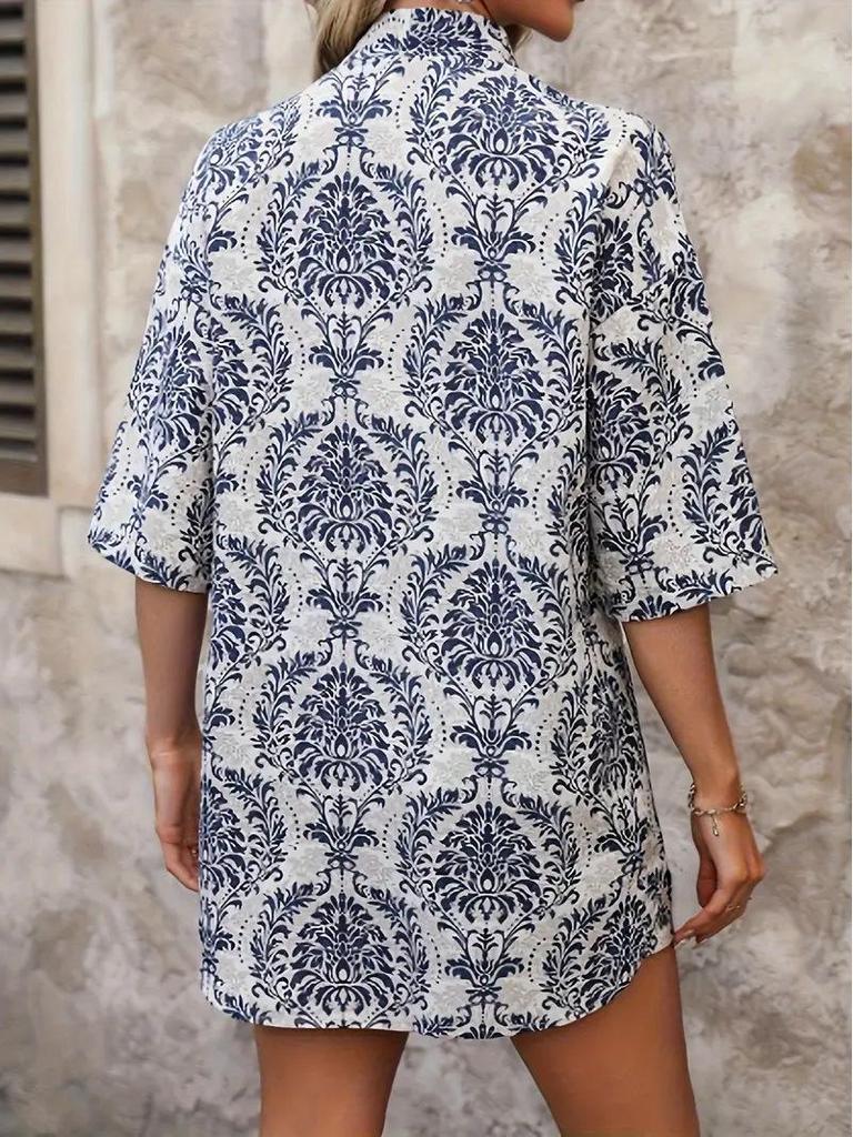 Elegant Vacation Print Two-Piece Set: Tie-Up Top & High-Waisted Shorts