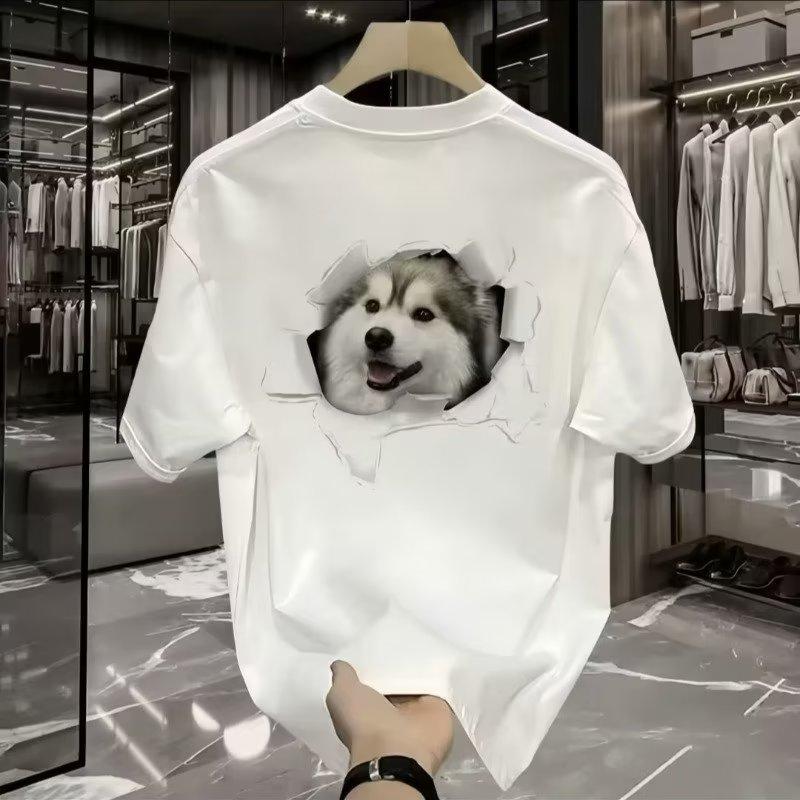 

Модная брендовая мужская повседневная футболка с коротким рукавом, мужская облегающая рубашка с принтом щенка, летняя новинка, модный мужской топ с круглым вырезом 5XL белый
