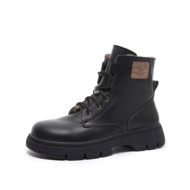 

Johnature Genuine Leather Women s Boots Cotton Shoes Cowhide Plush Warm Round Toe Thick Soled Short Boots 40 чёрный