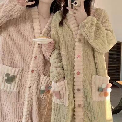 Winter Nightgown Women Coral Fleece Thickening Friendly Pajamas Keep Warm Sweet Simple Casual Clothing