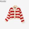 ZANZEA Autumn Spring Women Long Sleeve Striped Casual Knitted Stretch Sweaters Cardigans