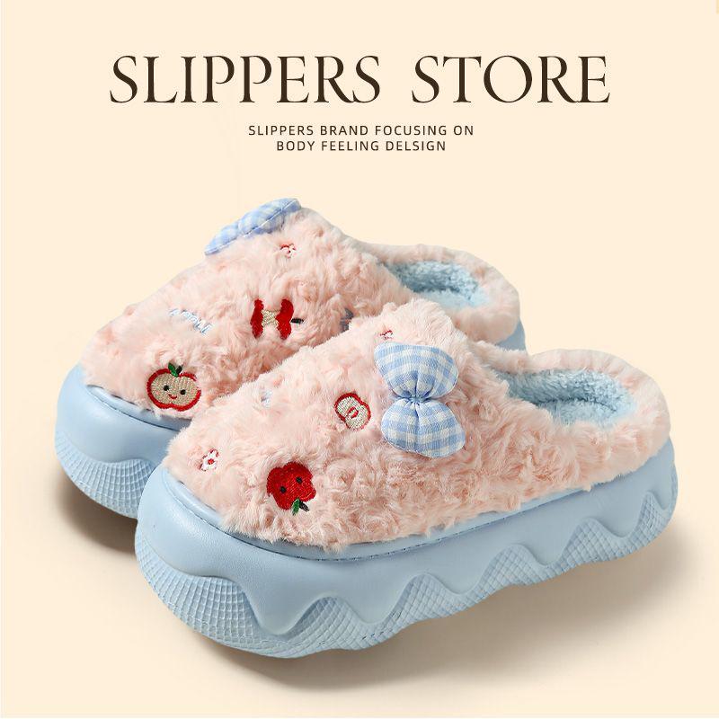 Damen Winter Baumwollpantoffeln mit dicker Sohle: Süße Schleife, Flauschig, Warm, Rutschfest, Höhenverstärkend