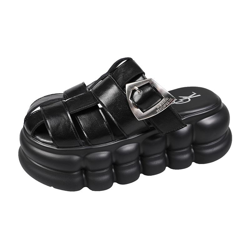 Soft Leather Bag Head Woven Slippers Women's Summer Wear 2025 New Retro Soft Bottom Height Increased by 8 Cm Hollow Cool Slippers