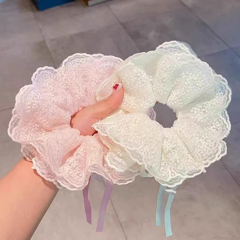 Kids French Lace Drawstring Scrunchies: Cute Hair Bows for Girls’ Bun Hairstyles, Soft Elastic Hair Ties for Toddlers’ Ponytails